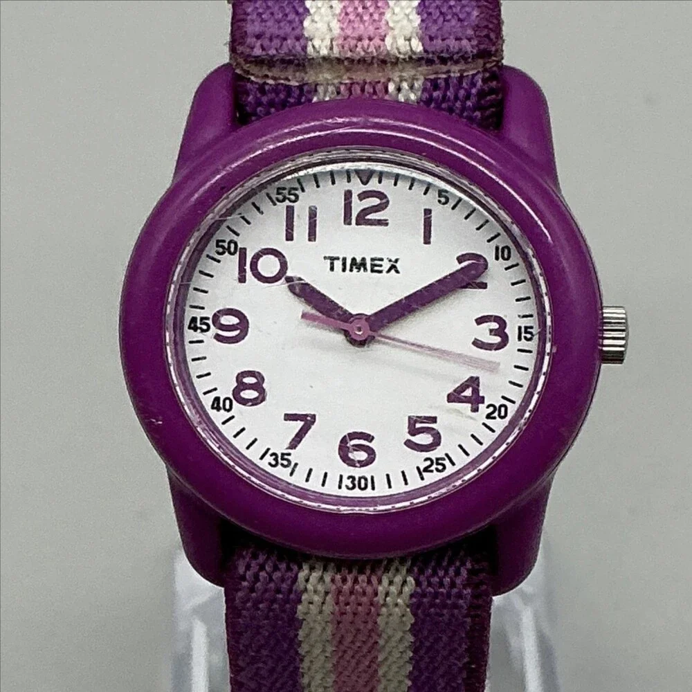 Timex TW7C06100 Girls Watch 29mm White Dial Purple Stripe Nylon New Battery